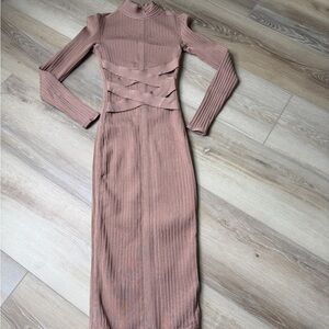 House of CB Ripped Bodycon Long Sleeve Midi Dress | Nude Taupe -Size XS